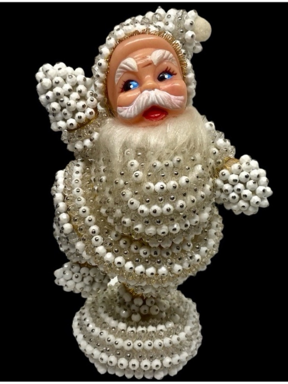 Vintage White Beaded Santa Figurine Holiday Accent